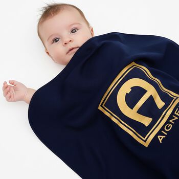 Baby Boys Navy Blue & Gold Logo Blanket