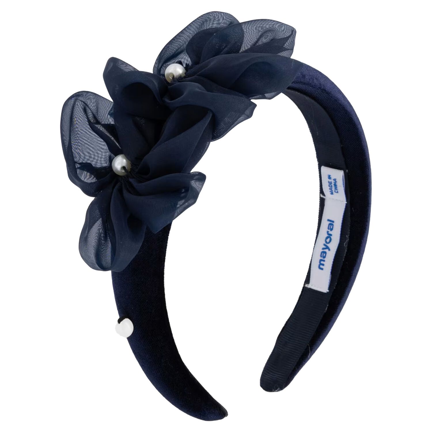 Girls Navy Blue Pearl Velvet Headband, 3, hi-res