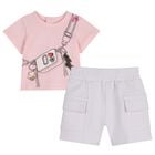 Younger Girls Pink & White Bag Shorts Set, 1, hi-res