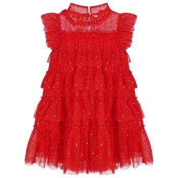 Girls Red Embellished Tiered Tulle Dress