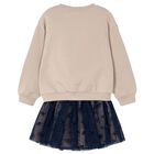 Girls Beige & Navy Blue Flower Skirt Set, 3, hi-res