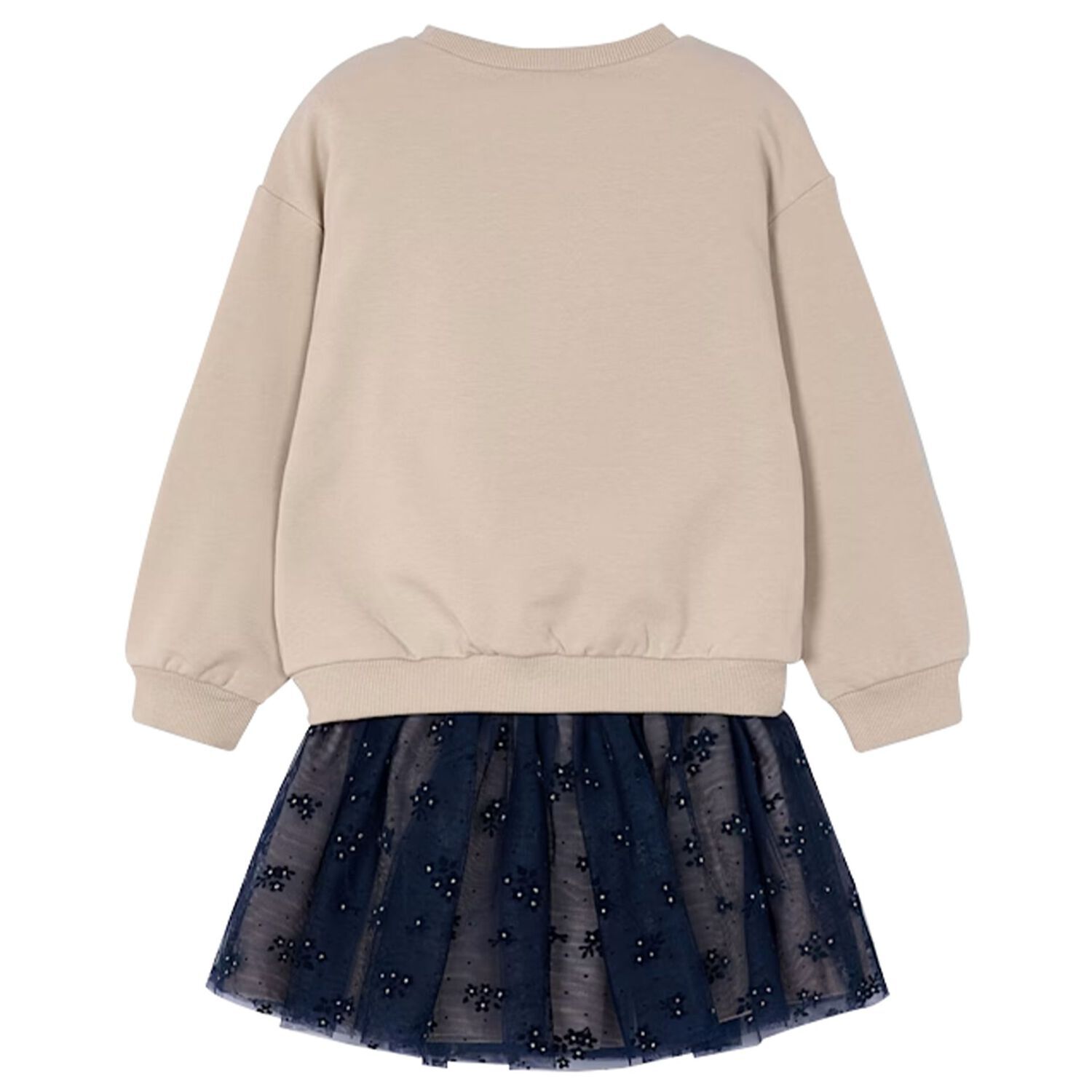 Girls Beige & Navy Blue Flower Skirt Set, 3, hi-res
