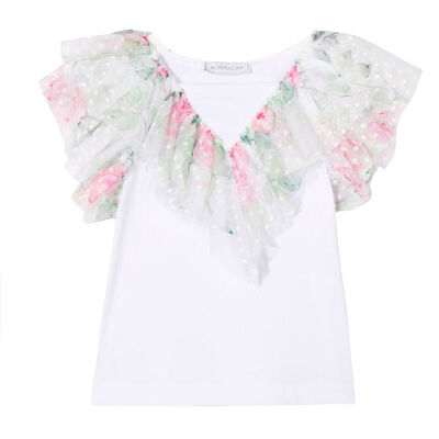 Girls White & Floral Tulle Top