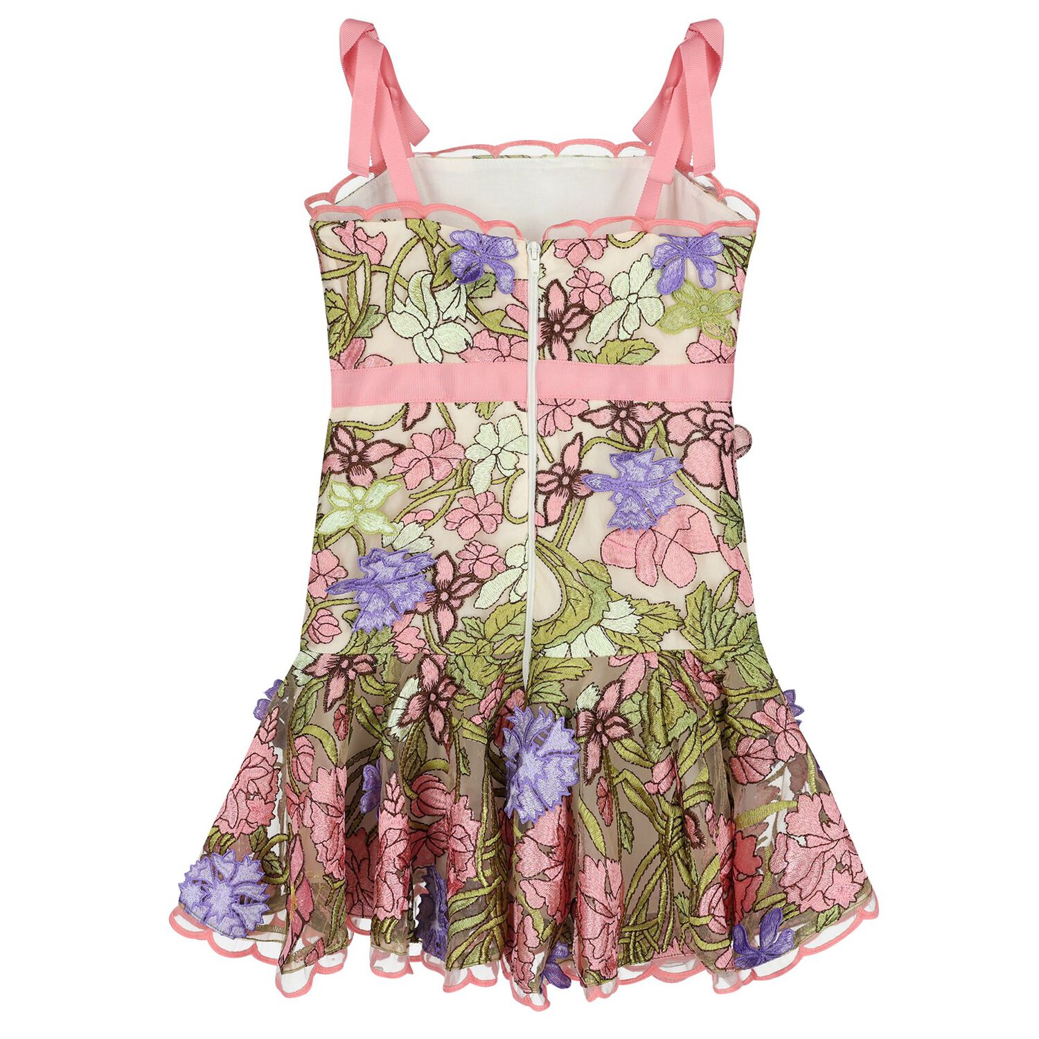 Girls Ivory & Pink Floral Embroidered Dress, 1, hi-res