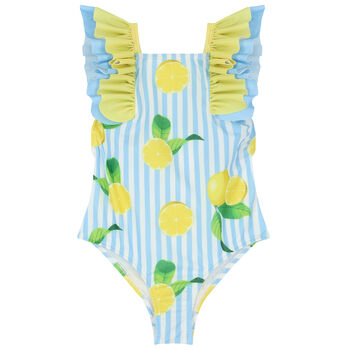 Girls Blue & White Lemon Swimsuit