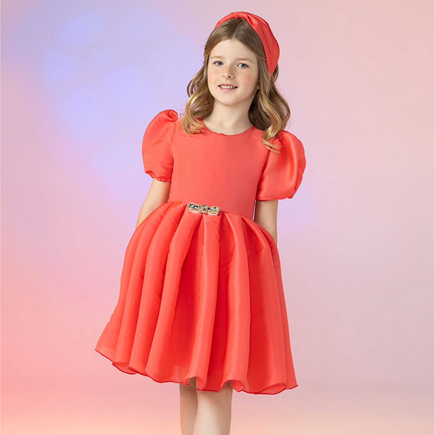 Girls Coral Organza Dress, 1, hi-res image number null