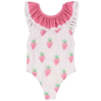 Girls White & Pink Gingham Strawberries Swimsuit