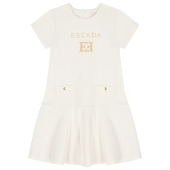 Girls Ivory & Gold Logo Dress