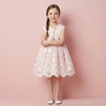 Younger Girls White & Pink Embroidered Organza Dress
