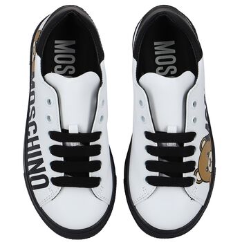 White & Black Logo Leather Trainers