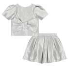 Girls Metallic Silver Bow Skirt Set, 1, hi-res