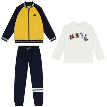 Boys Yellow, Navy Blue & White 3 Piece Tracksuit