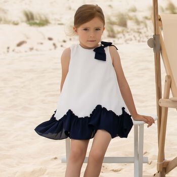 Younger Girls White & Navy Blue Dress