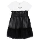 Girls White & Black Logo Tulle Dress, 3, hi-res