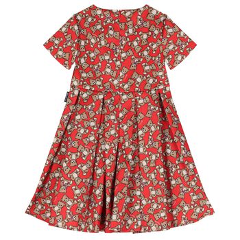Girls Red Teddy Bear Logo Satin Dress