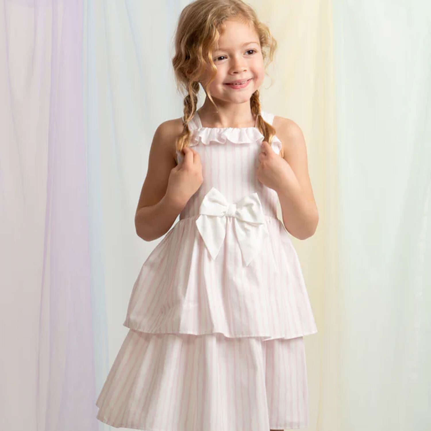 Girls Pink & White Stripe Dress Set, 1, hi-res