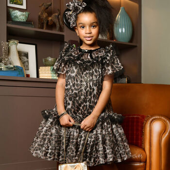Girls Black & Beige Leopard Tulle Dress