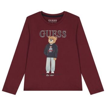 Boys Burgundy Teddy Bear Logo Long Sleeve Top