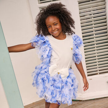 Girls White & Blue Floral Tulle Skirt