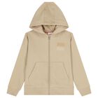 Boys Beige Logo Hooded Zip Up Top, 2, hi-res