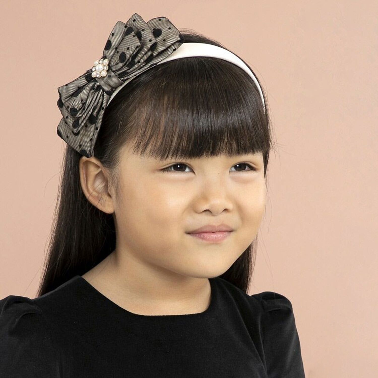 Girls Beige & Black Tulle Bow Headband, 1, hi-res image number null
