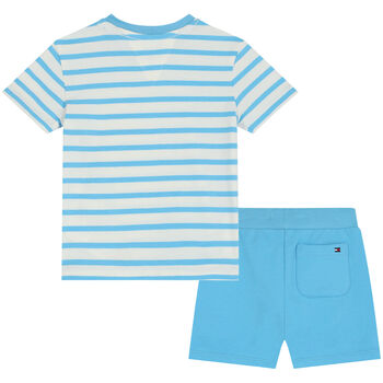 Blue & White Striped Logo Baby Shorts Set
