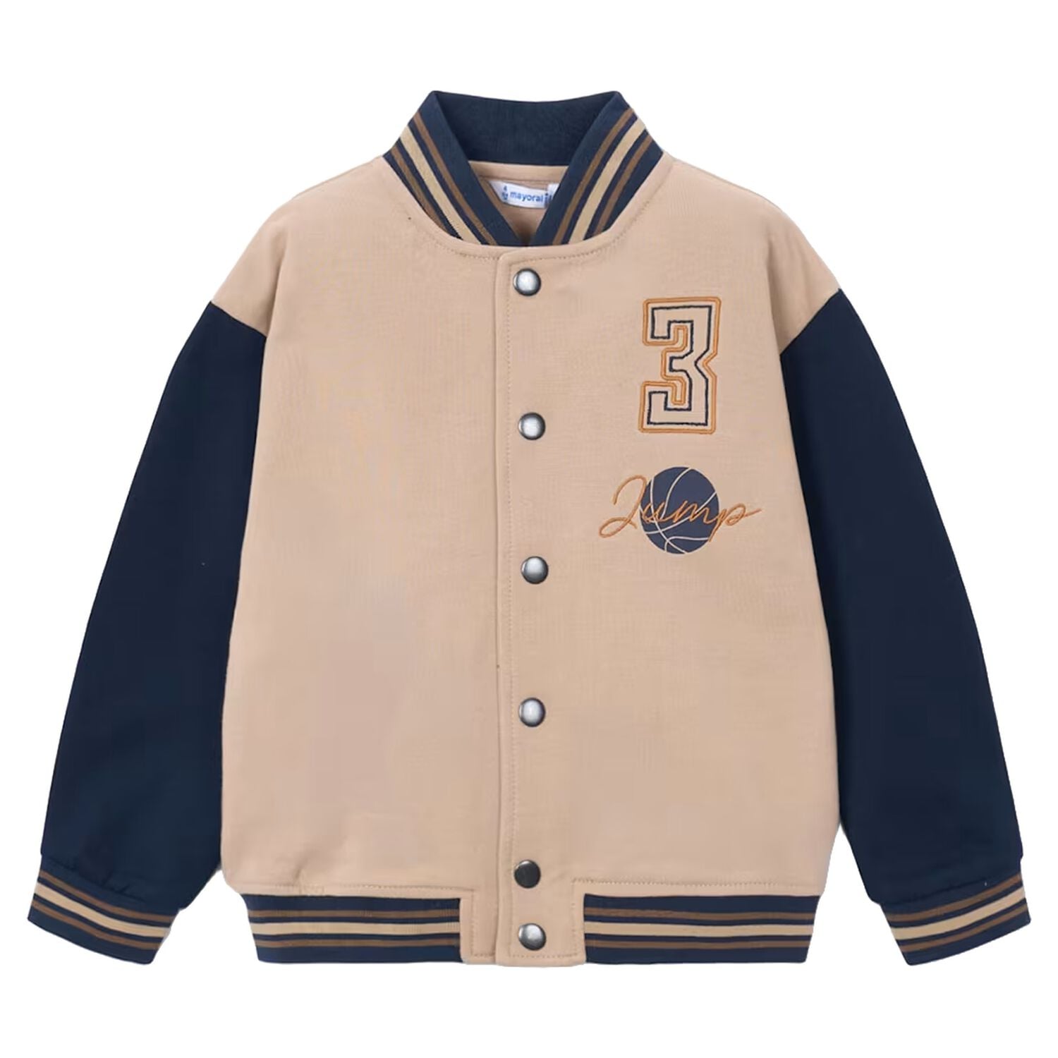 Boys Beige & Navy Blue Basketball Bomber Jacket, 1, hi-res