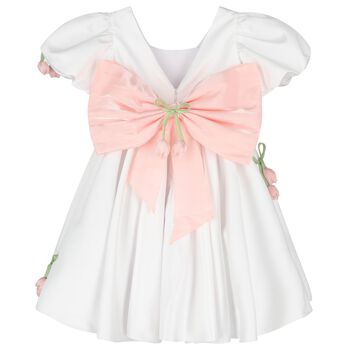 Girls White & Pink Floral Satin Dress