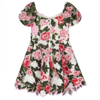 Girls Pink, Red & Green Embroidered Floral Dress