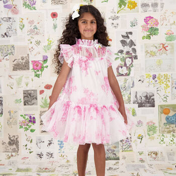 Girls White & Pink Rose Tulle Dress