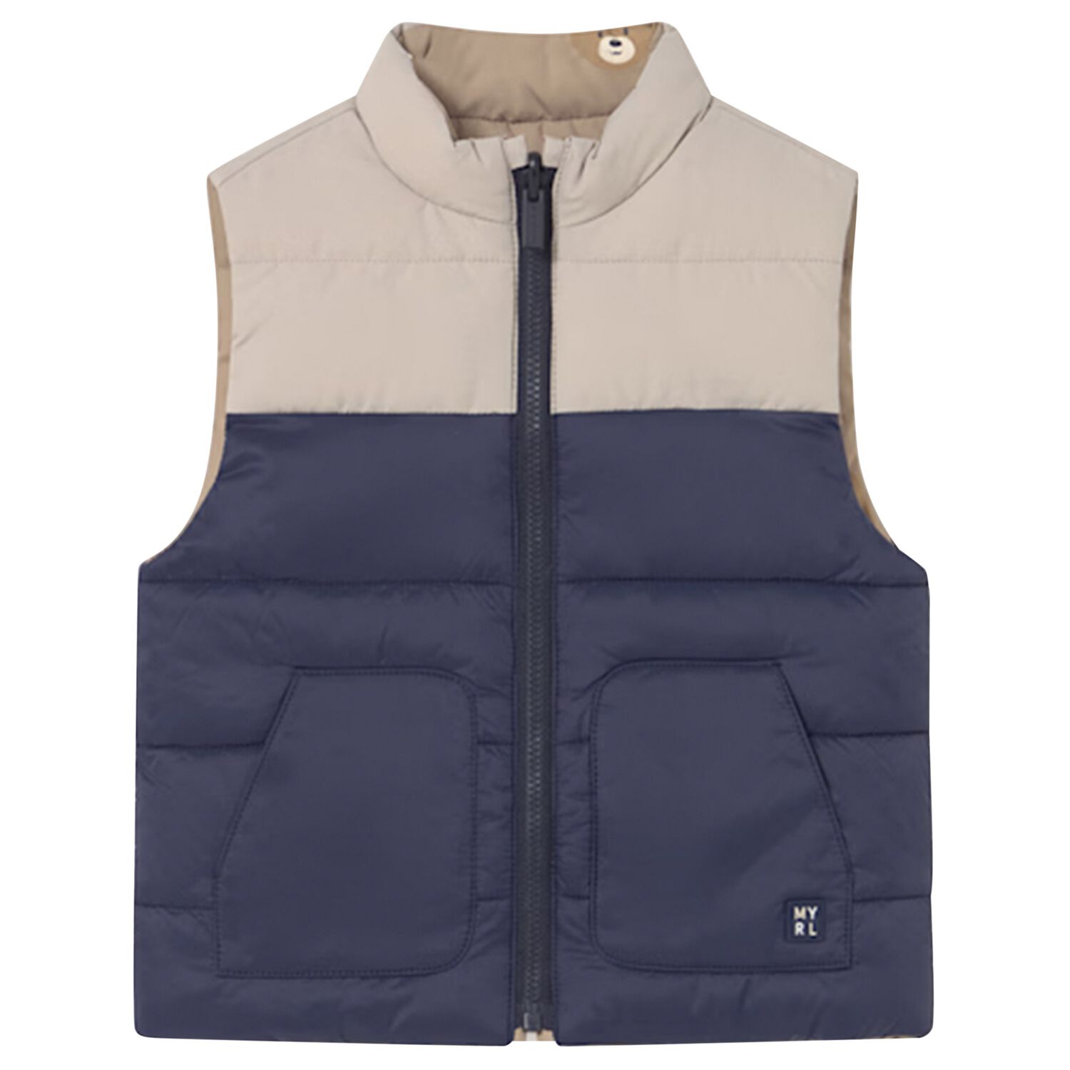 Younger Boys Beige & Navy Blue Reversible Gilet, 1, hi-res