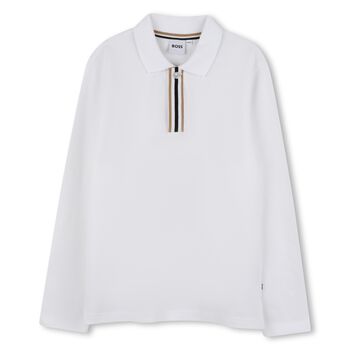 Boys White Logo Long Sleeve Polo Shirt
