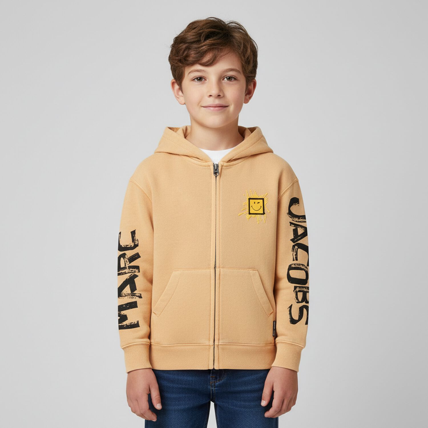 Beige Logo Hooded Zip Up Top, 1, hi-res