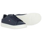 Boys Navy Blue & White Logo Trainers , 1, hi-res