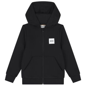 Boys Black Logo Hooded Zip Up Top
