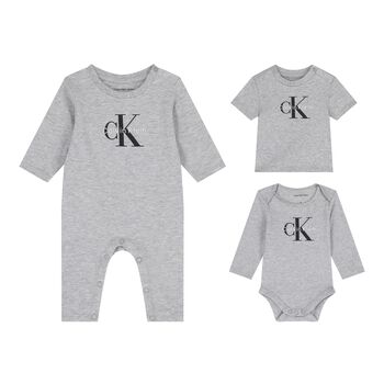 Baby Boys Grey Logo Babygrow Gift Set