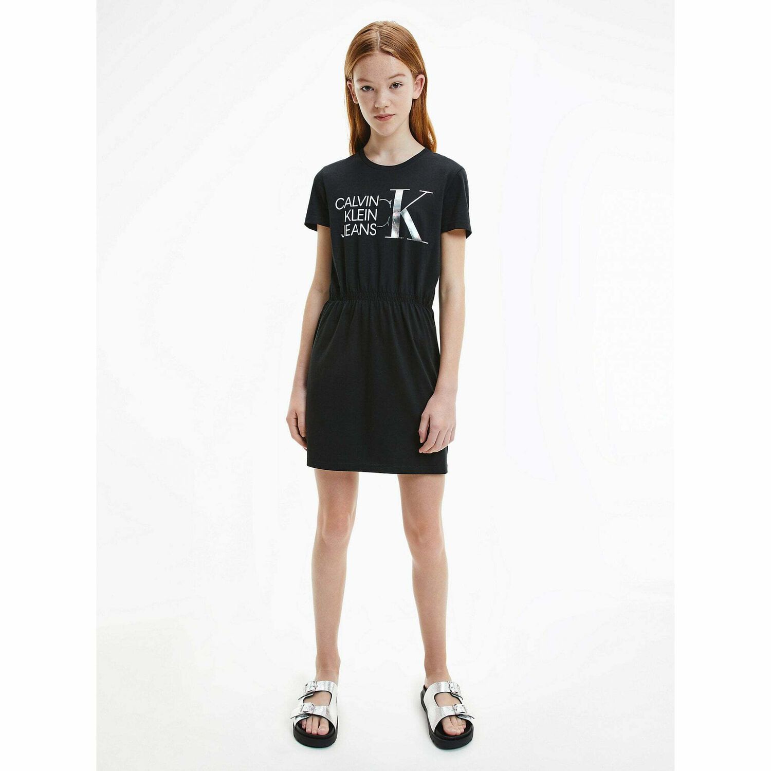 Girls Black Logo Dress, 2, hi-res