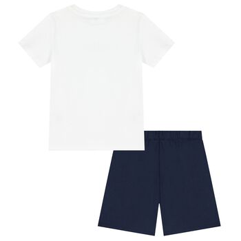 Boys White & Navy Blue Logo Shorts Set