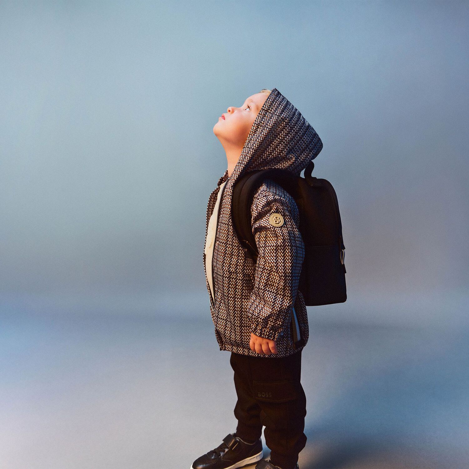 Younger Boys Black, Beige & White Checked Hooded Zip Up Top, 1, hi-res