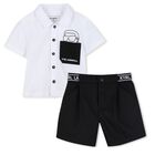 Younger Boys White & Black Logo Shorts Set, 1, hi-res