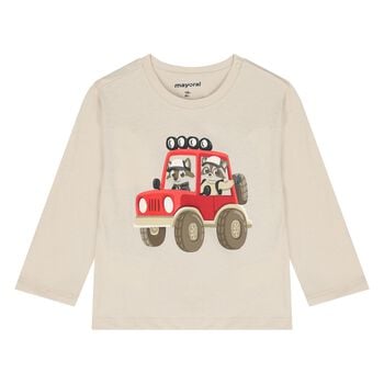 Younger Boys Beige Car Long Sleeve Top