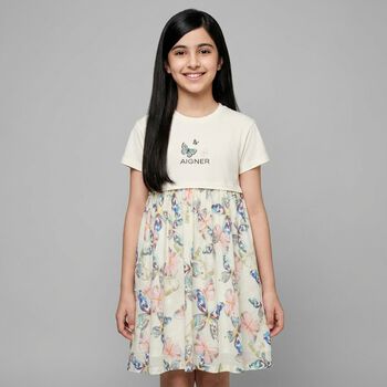 Girls Ivory Butterflies Logo Dress