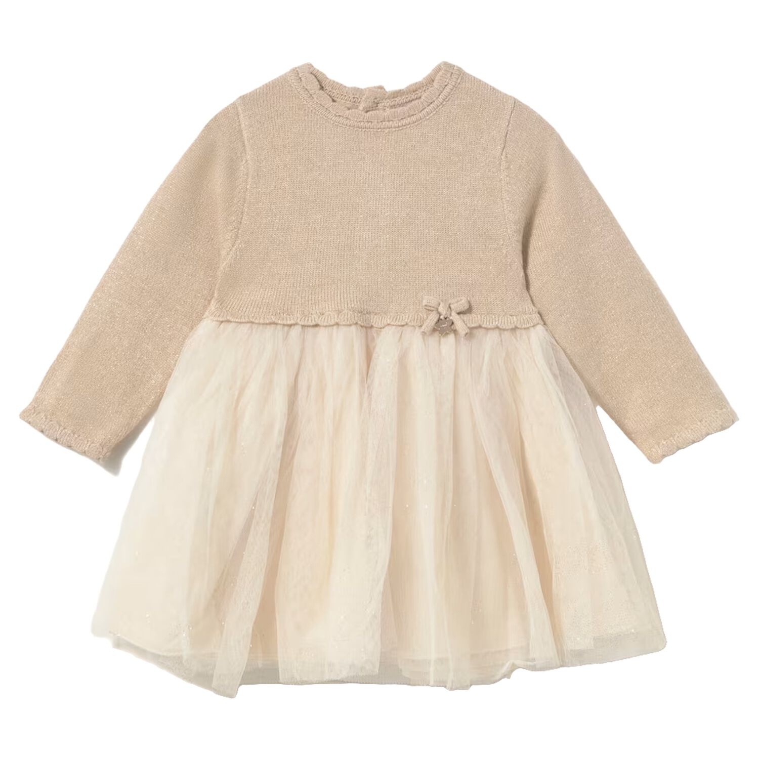 Younger Girls Beige & Ivory Tulle Dress, 2, hi-res