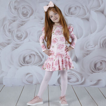 Girls Pink Houndstooth Floral Dress