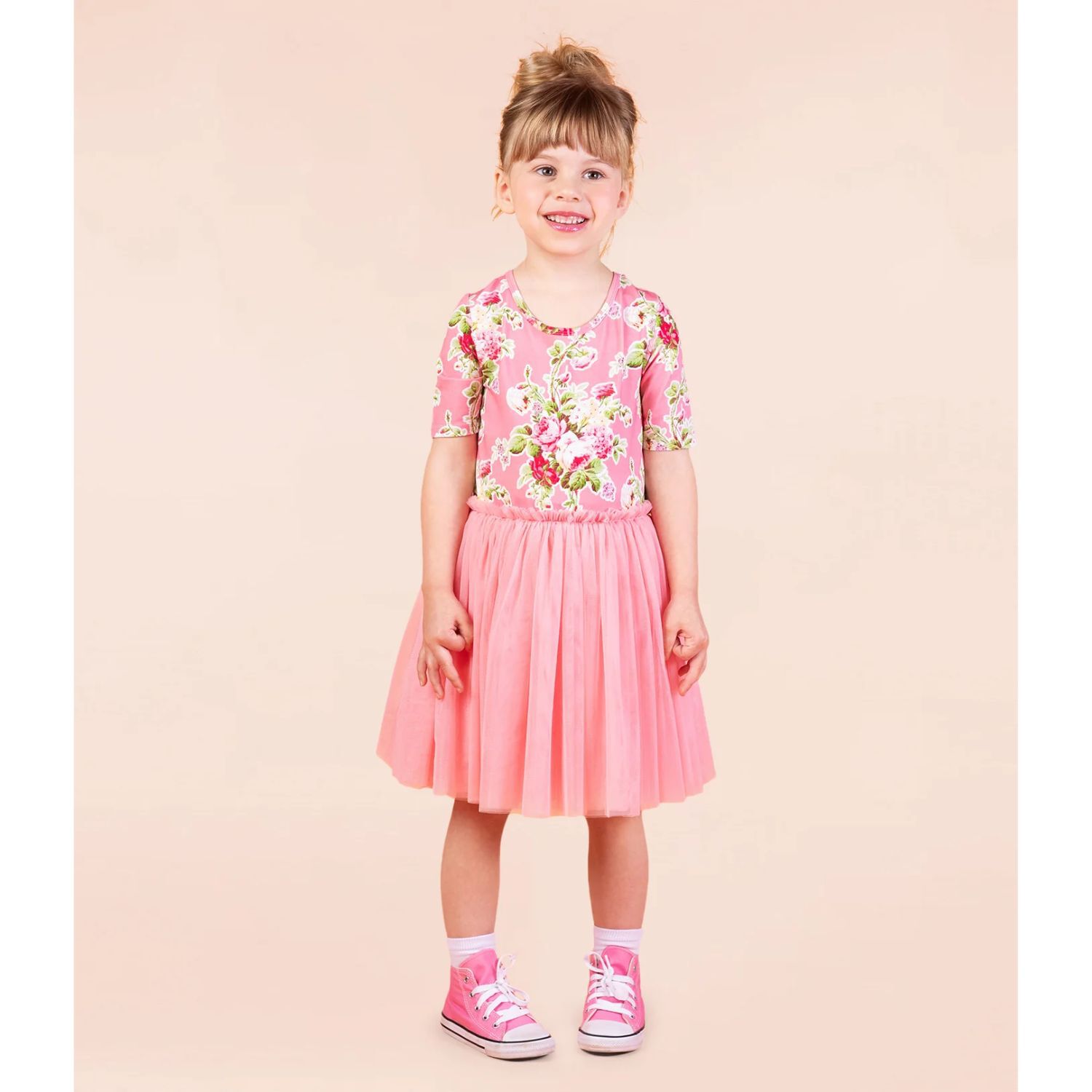 Girls Pink Floral Tulle Dress, 2, hi-res image number null