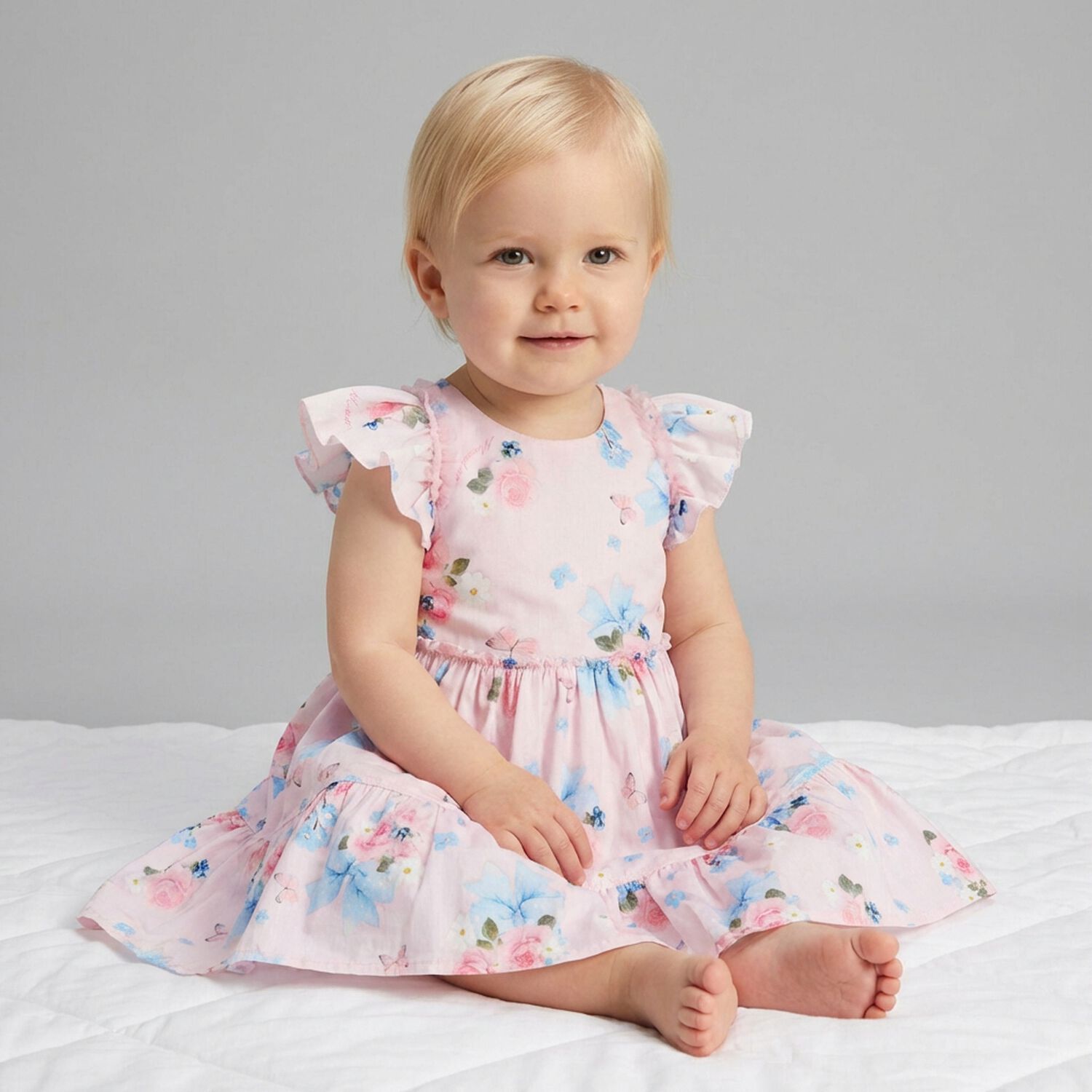 Younger Girls Pink Florals & Bows Dress, 1, hi-res