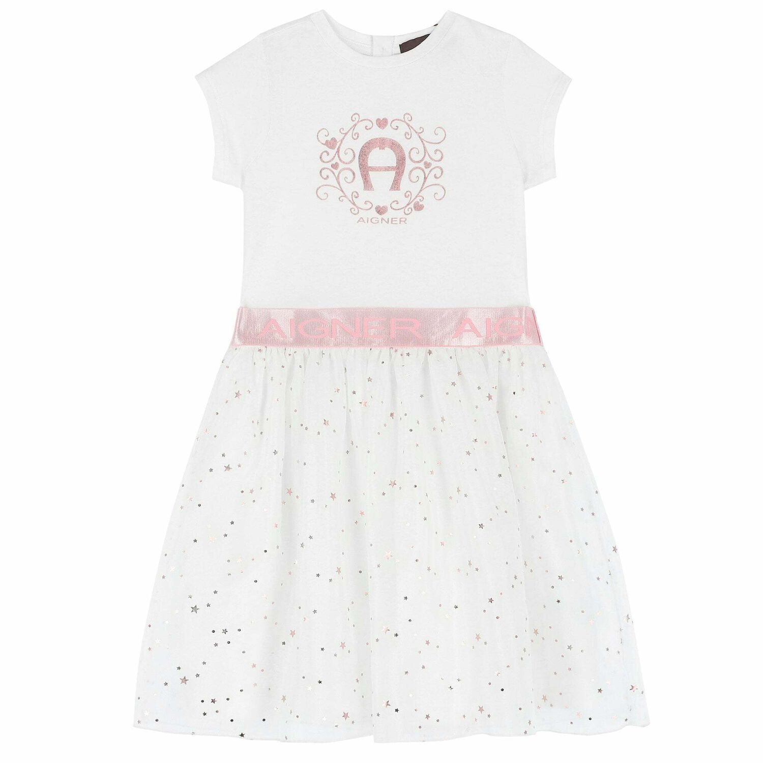 Girls White & Rose-Gold Logo Dress, 1, hi-res image number null