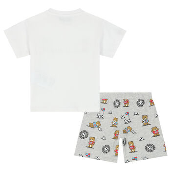 Younger Boys White & Grey Teddy Bear Shorts Set