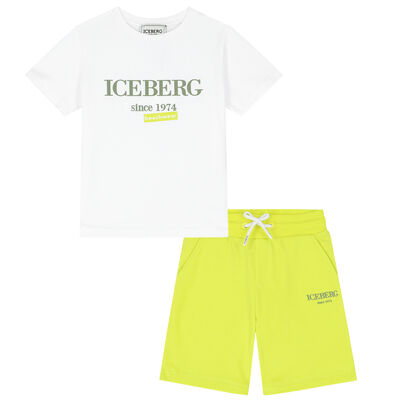 Boys White & Neon Green Logo Shorts Set