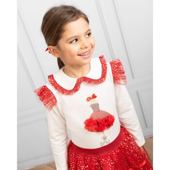 Girls White & Red Tulle Skirt Set